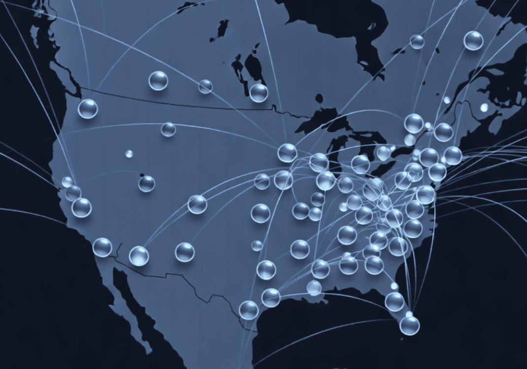 Map showing network connections across North America.